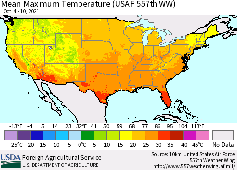 United States Maximum Temperature (USAF 557th WW) Thematic Map For 10/4/2021 - 10/10/2021