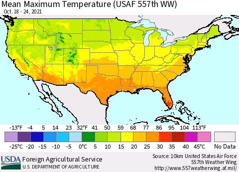 United States Maximum Temperature (USAF 557th WW) Thematic Map For 10/18/2021 - 10/24/2021