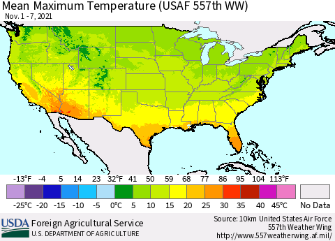 United States Maximum Temperature (USAF 557th WW) Thematic Map For 11/1/2021 - 11/7/2021