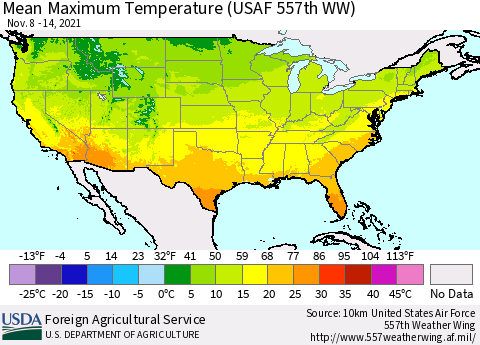 United States Maximum Temperature (USAF 557th WW) Thematic Map For 11/8/2021 - 11/14/2021