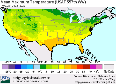 United States Maximum Temperature (USAF 557th WW) Thematic Map For 11/29/2021 - 12/5/2021