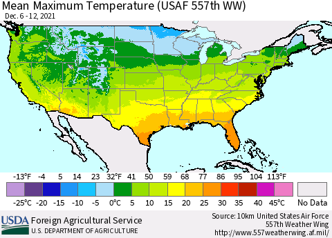 United States Mean Maximum Temperature (USAF 557th WW) Thematic Map For 12/6/2021 - 12/12/2021