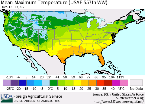 United States Mean Maximum Temperature (USAF 557th WW) Thematic Map For 12/13/2021 - 12/19/2021