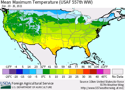 United States Maximum Temperature (USAF 557th WW) Thematic Map For 12/20/2021 - 12/26/2021