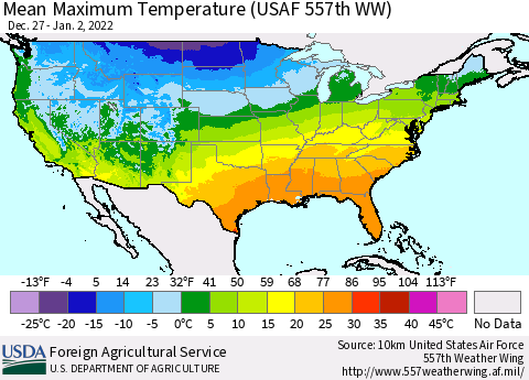 United States Maximum Temperature (USAF 557th WW) Thematic Map For 12/27/2021 - 1/2/2022
