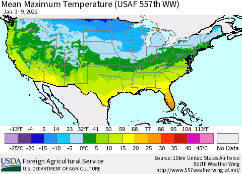 United States Mean Maximum Temperature (USAF 557th WW) Thematic Map For 1/3/2022 - 1/9/2022