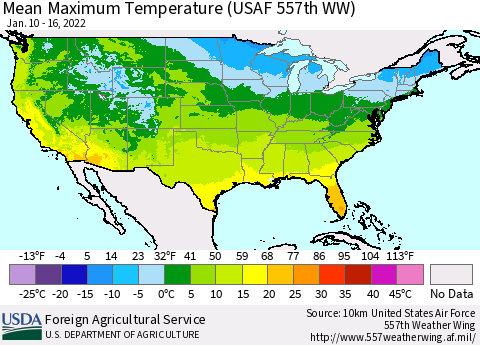 United States Mean Maximum Temperature (USAF 557th WW) Thematic Map For 1/10/2022 - 1/16/2022