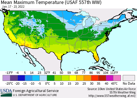 United States Maximum Temperature (USAF 557th WW) Thematic Map For 1/17/2022 - 1/23/2022