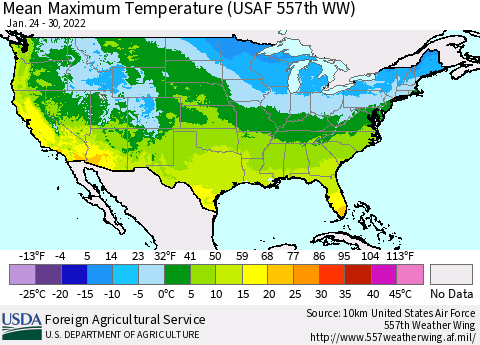 United States Mean Maximum Temperature (USAF 557th WW) Thematic Map For 1/24/2022 - 1/30/2022