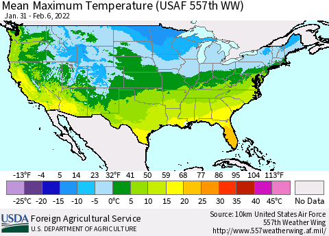 United States Mean Maximum Temperature (USAF 557th WW) Thematic Map For 1/31/2022 - 2/6/2022