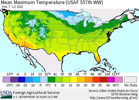 United States Mean Maximum Temperature (USAF 557th WW) Thematic Map For 2/7/2022 - 2/13/2022