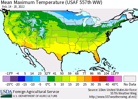 United States Mean Maximum Temperature (USAF 557th WW) Thematic Map For 2/14/2022 - 2/20/2022