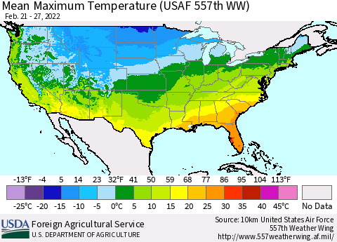 United States Mean Maximum Temperature (USAF 557th WW) Thematic Map For 2/21/2022 - 2/27/2022