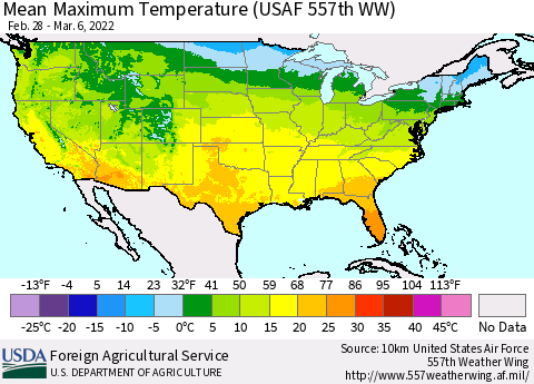 United States Mean Maximum Temperature (USAF 557th WW) Thematic Map For 2/28/2022 - 3/6/2022