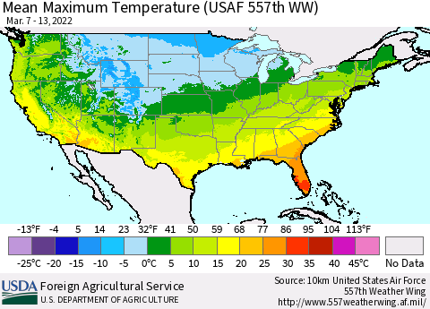 United States Maximum Temperature (USAF 557th WW) Thematic Map For 3/7/2022 - 3/13/2022