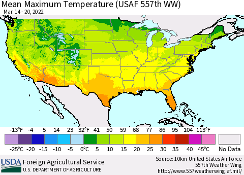 United States Maximum Temperature (USAF 557th WW) Thematic Map For 3/14/2022 - 3/20/2022