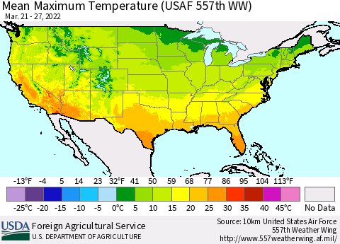 United States Maximum Temperature (USAF 557th WW) Thematic Map For 3/21/2022 - 3/27/2022