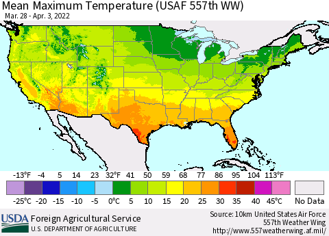 United States Maximum Temperature (USAF 557th WW) Thematic Map For 3/28/2022 - 4/3/2022