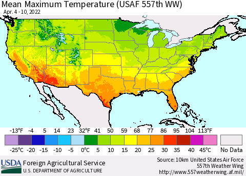 United States Maximum Temperature (USAF 557th WW) Thematic Map For 4/4/2022 - 4/10/2022