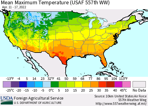 United States Maximum Temperature (USAF 557th WW) Thematic Map For 4/11/2022 - 4/17/2022
