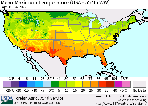 United States Maximum Temperature (USAF 557th WW) Thematic Map For 4/18/2022 - 4/24/2022