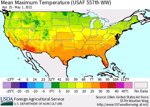 United States Mean Maximum Temperature (USAF 557th WW) Thematic Map For 4/25/2022 - 5/1/2022