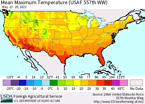 United States Maximum Temperature (USAF 557th WW) Thematic Map For 5/23/2022 - 5/29/2022