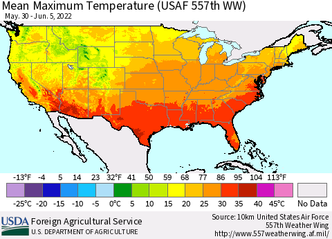 United States Maximum Temperature (USAF 557th WW) Thematic Map For 5/30/2022 - 6/5/2022