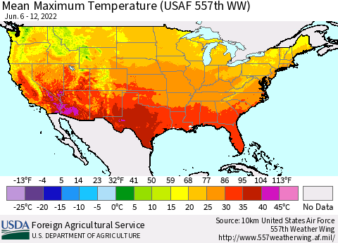 United States Maximum Temperature (USAF 557th WW) Thematic Map For 6/6/2022 - 6/12/2022