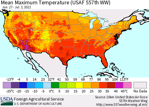 United States Maximum Temperature (USAF 557th WW) Thematic Map For 6/27/2022 - 7/3/2022