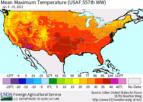 United States Maximum Temperature (USAF 557th WW) Thematic Map For 7/4/2022 - 7/10/2022