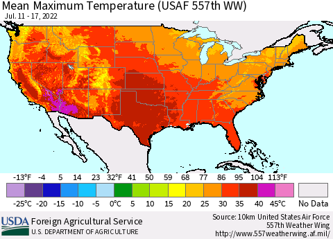 United States Mean Maximum Temperature (USAF 557th WW) Thematic Map For 7/11/2022 - 7/17/2022