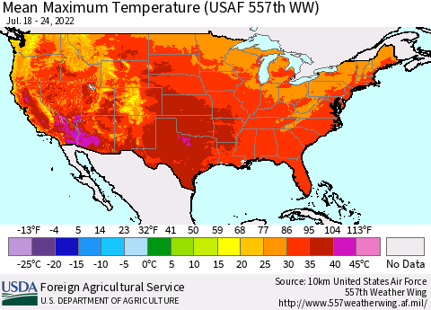 United States Mean Maximum Temperature (USAF 557th WW) Thematic Map For 7/18/2022 - 7/24/2022