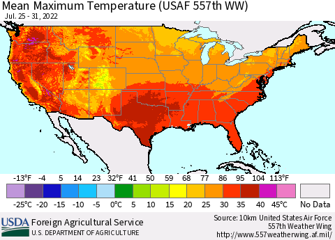 United States Maximum Temperature (USAF 557th WW) Thematic Map For 7/25/2022 - 7/31/2022