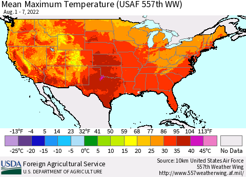 United States Mean Maximum Temperature (USAF 557th WW) Thematic Map For 8/1/2022 - 8/7/2022