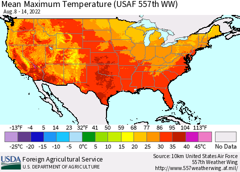 United States Mean Maximum Temperature (USAF 557th WW) Thematic Map For 8/8/2022 - 8/14/2022