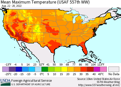 United States Mean Maximum Temperature (USAF 557th WW) Thematic Map For 8/22/2022 - 8/28/2022