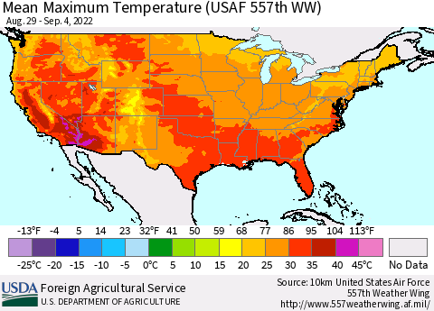 United States Mean Maximum Temperature (USAF 557th WW) Thematic Map For 8/29/2022 - 9/4/2022