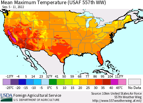 United States Mean Maximum Temperature (USAF 557th WW) Thematic Map For 9/5/2022 - 9/11/2022