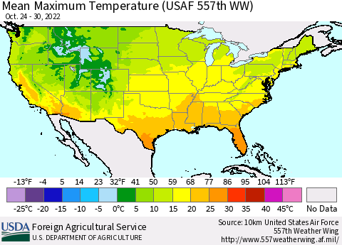 United States Mean Maximum Temperature (USAF 557th WW) Thematic Map For 10/24/2022 - 10/30/2022