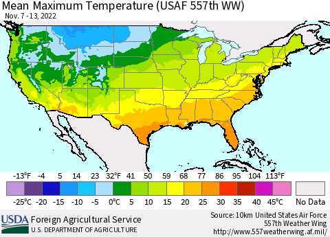 United States Mean Maximum Temperature (USAF 557th WW) Thematic Map For 11/7/2022 - 11/13/2022