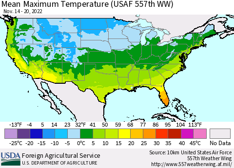 United States Mean Maximum Temperature (USAF 557th WW) Thematic Map For 11/14/2022 - 11/20/2022