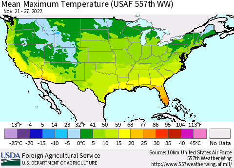 United States Mean Maximum Temperature (USAF 557th WW) Thematic Map For 11/21/2022 - 11/27/2022