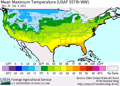 United States Mean Maximum Temperature (USAF 557th WW) Thematic Map For 11/28/2022 - 12/4/2022