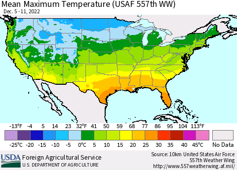 United States Mean Maximum Temperature (USAF 557th WW) Thematic Map For 12/5/2022 - 12/11/2022