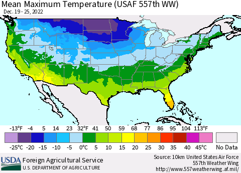 United States Mean Maximum Temperature (USAF 557th WW) Thematic Map For 12/19/2022 - 12/25/2022