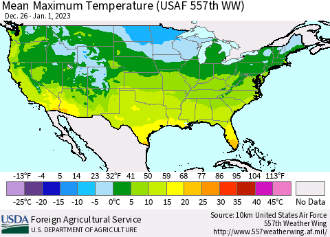 United States Mean Maximum Temperature (USAF 557th WW) Thematic Map For 12/26/2022 - 1/1/2023