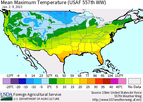 United States Mean Maximum Temperature (USAF 557th WW) Thematic Map For 1/2/2023 - 1/8/2023