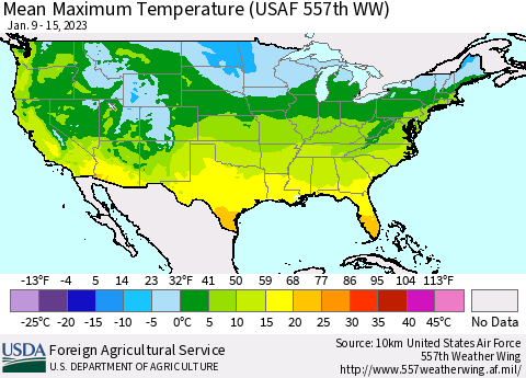 United States Mean Maximum Temperature (USAF 557th WW) Thematic Map For 1/9/2023 - 1/15/2023