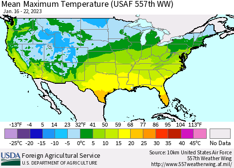 United States Mean Maximum Temperature (USAF 557th WW) Thematic Map For 1/16/2023 - 1/22/2023